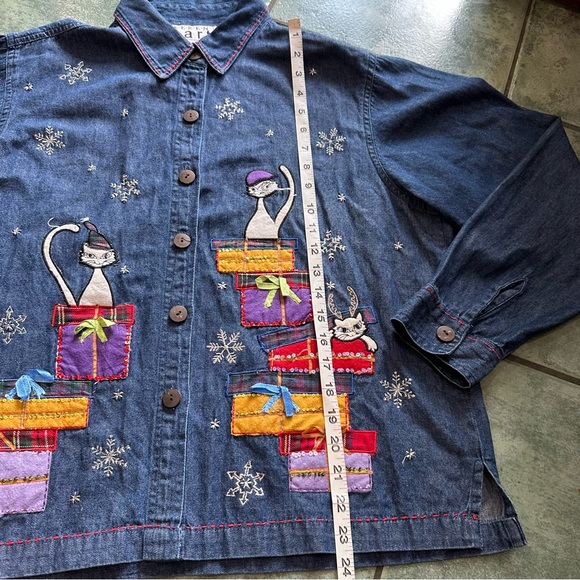 VTG Christmas Cats Denim Button Front Long Sleeve Dress Shirt - Picture 7 of 7